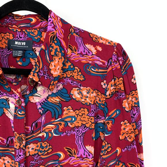 Anthropologie Darla Button Down Shirt Womens Sz 10 Red Bonsai Peacock Print - Picture 3 of 7